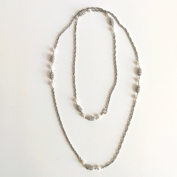 Sarah Coventry 53" Opera Length Necklace Rolo Chain Faux Pearls Silver Tone - Picture 1 of 6